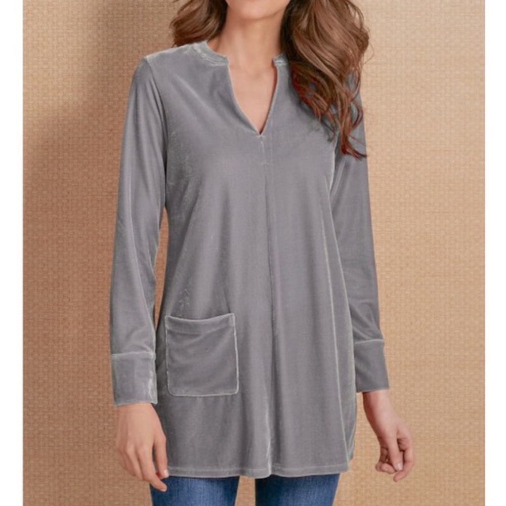 Soft Surroundings Emmaline Velvet‎ Top Large Petite Gray Silver Tunic